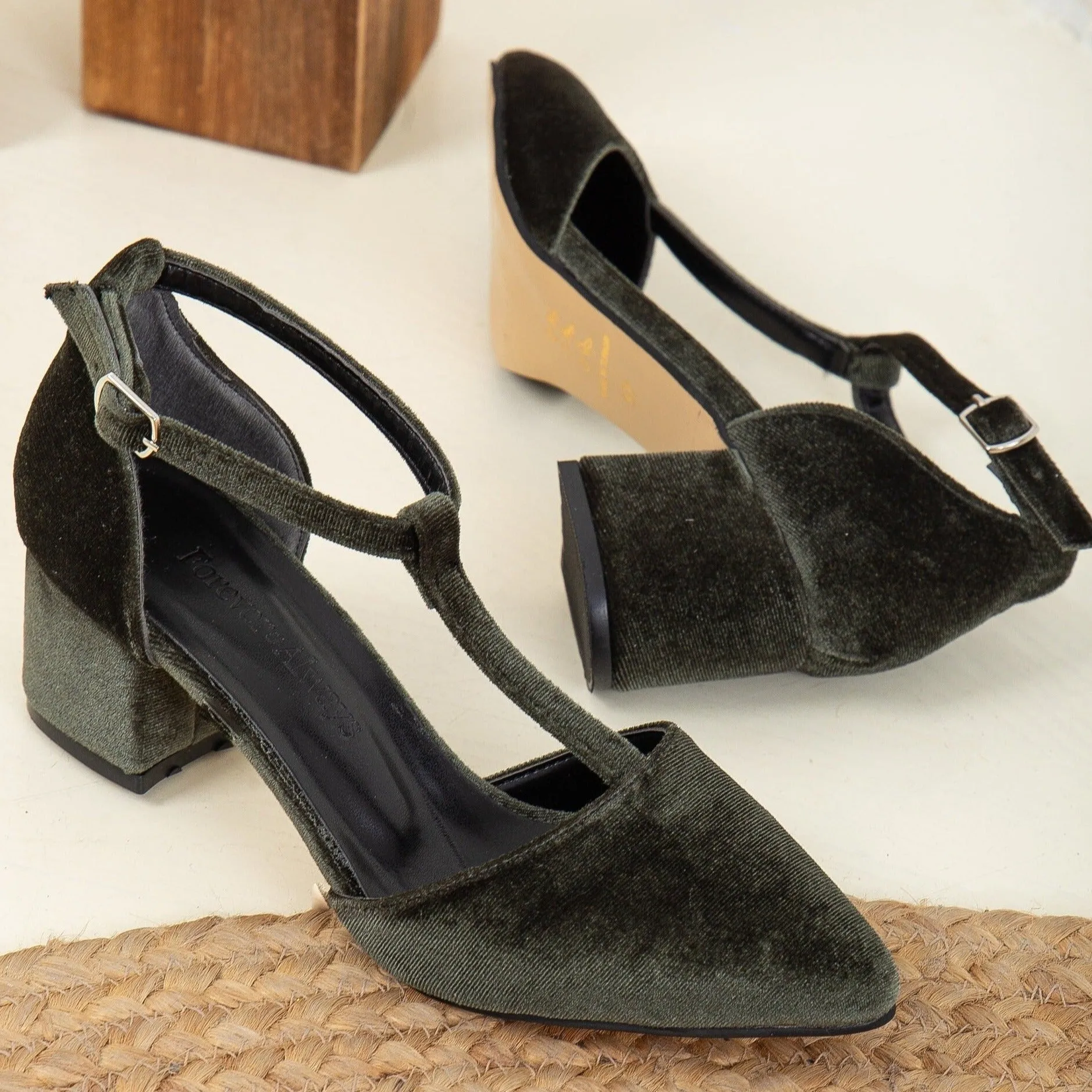 Anicette - Olive Green Velvet Heels