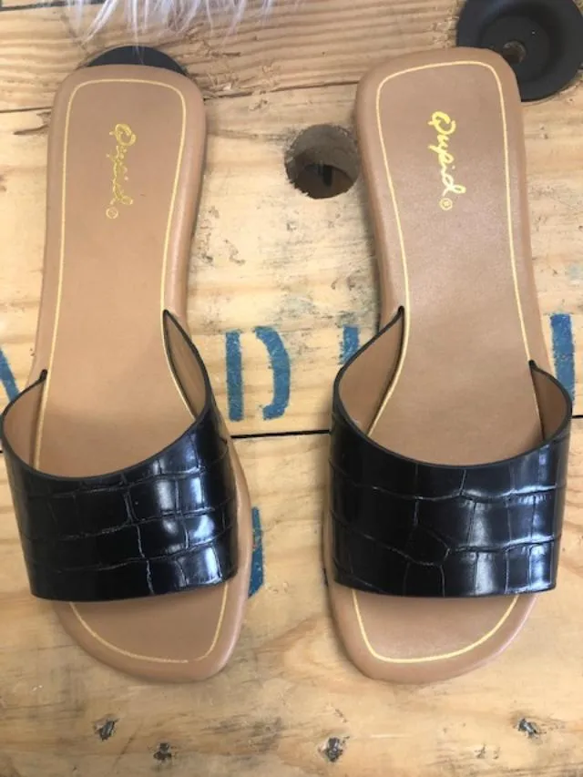 Asymmetrical Faux Croc Sliders