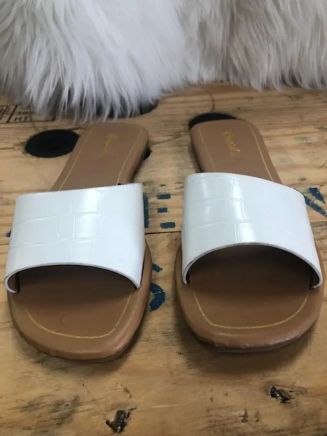 Asymmetrical Faux Croc Sliders