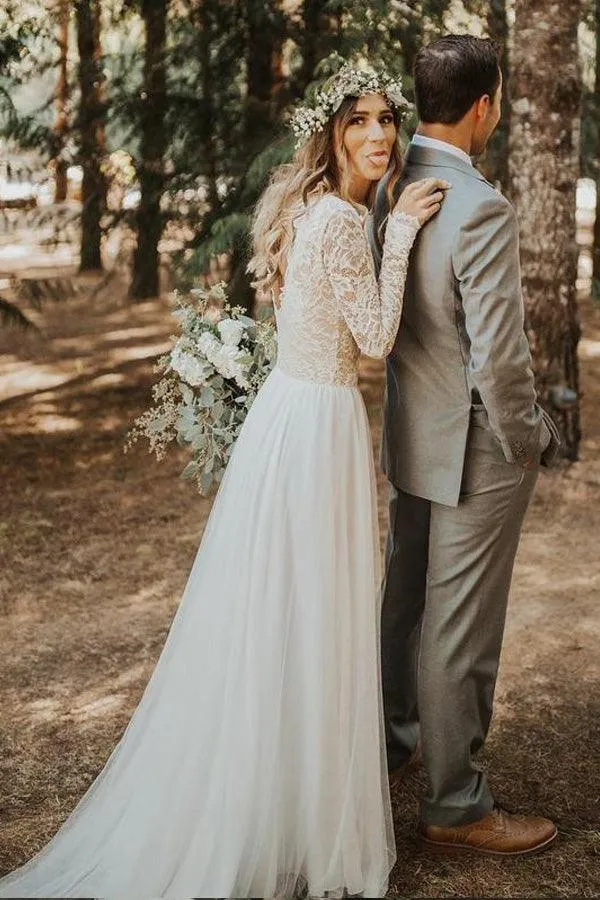 Elegant Simple Long Sleeves A-line Wedding Dresses Tulle Bridal Gowns TN206