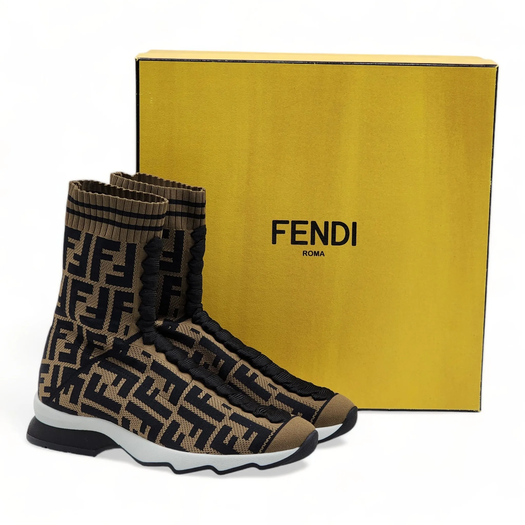 Fendi FF Openwork Sock Sneakers - Fabric - Brown - 35