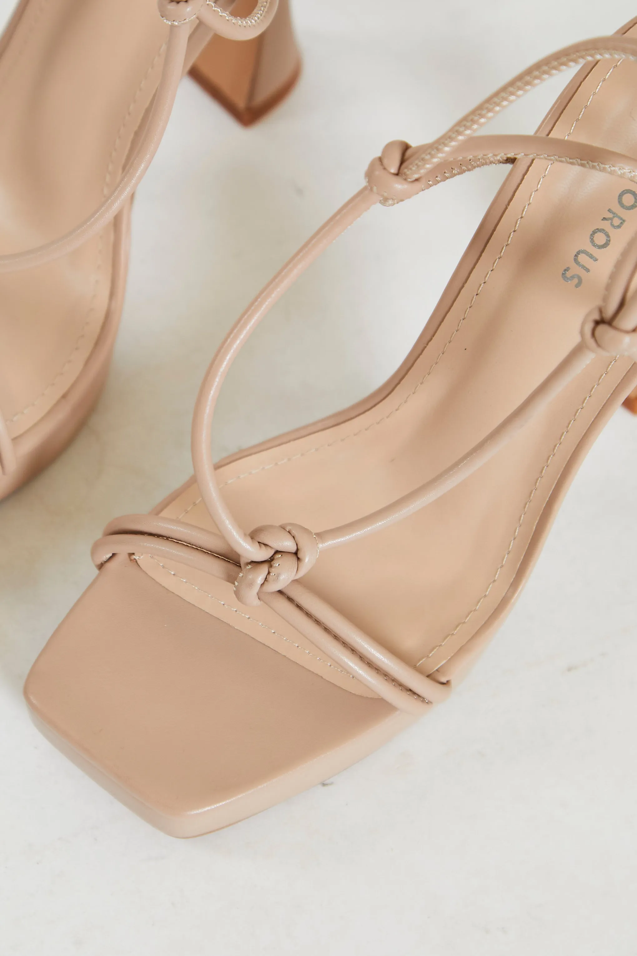 Glamorous Nude Lace Up Flared Heels