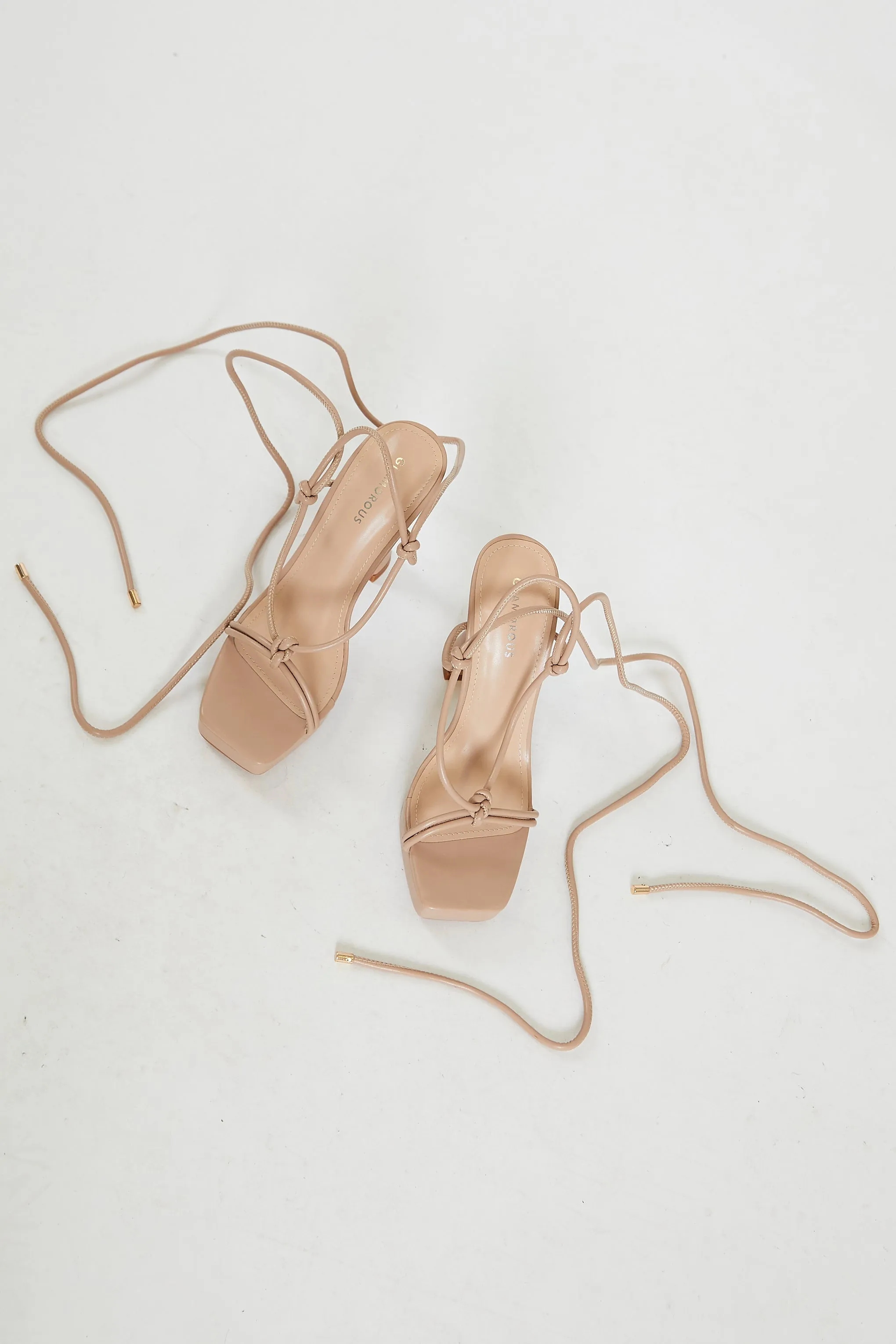 Glamorous Nude Lace Up Flared Heels