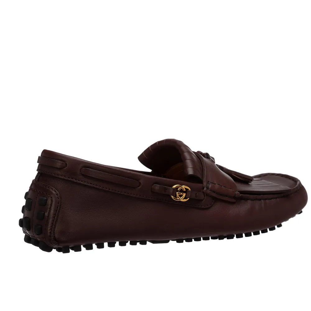 Gucci Men's Interlocking GG Fringe Leather Loafer Mocassin Brown