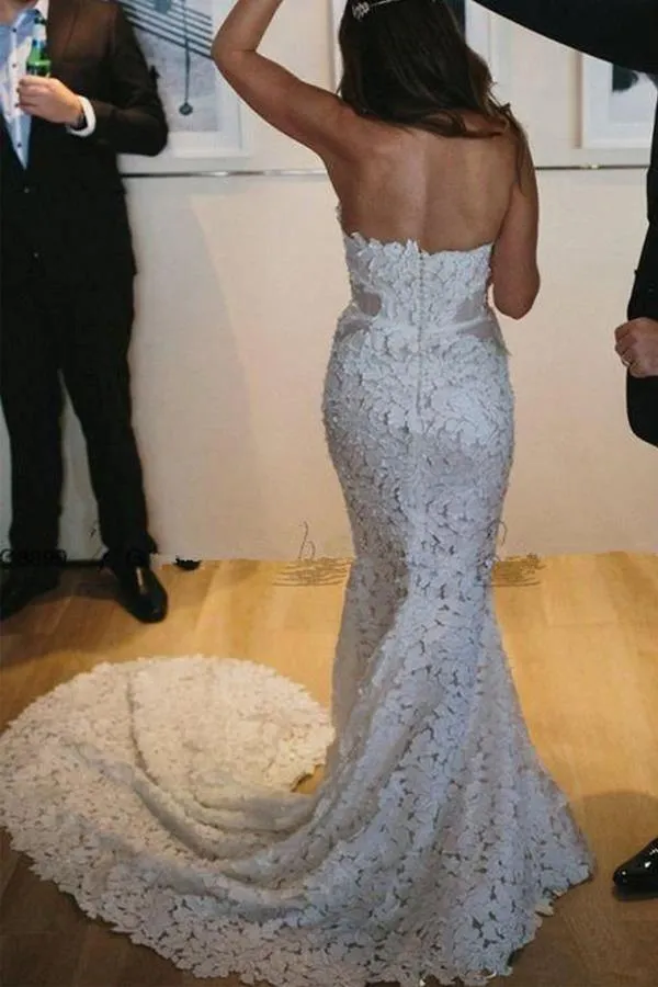 Mermaid Lace Sweetheart Sleeveless Sweep Train Split Wedding Dress TN265