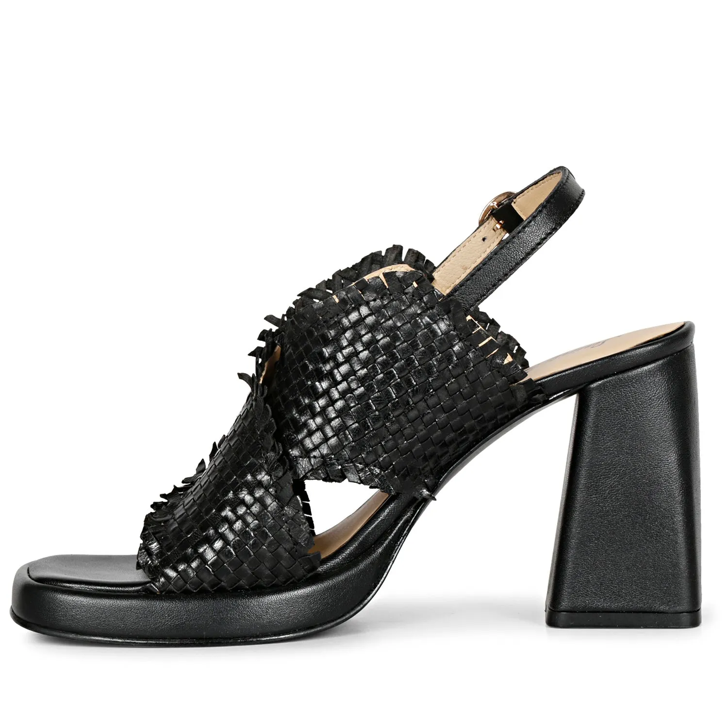 Saint Shelby Black Cross-Over Woven Leather Block Heels.