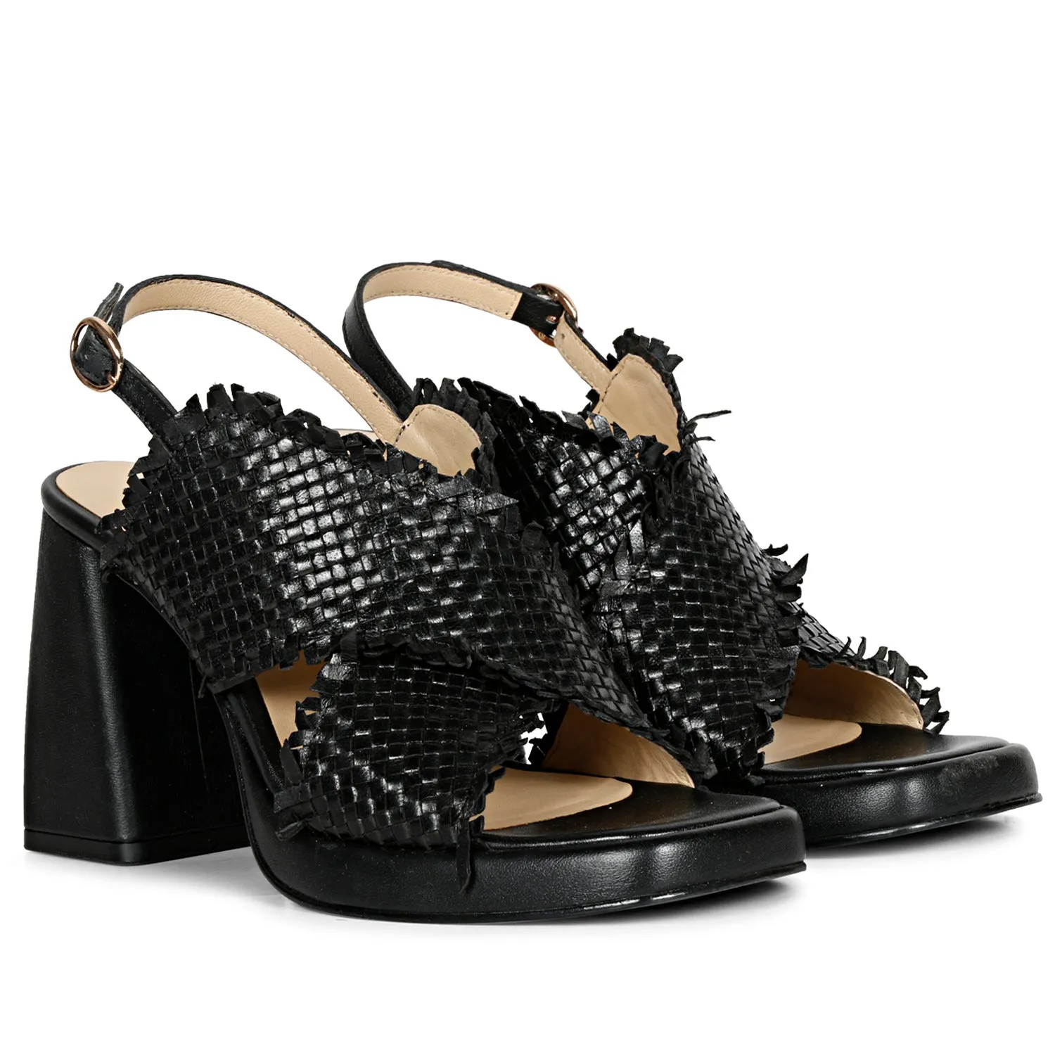 Saint Shelby Black Cross-Over Woven Leather Block Heels.