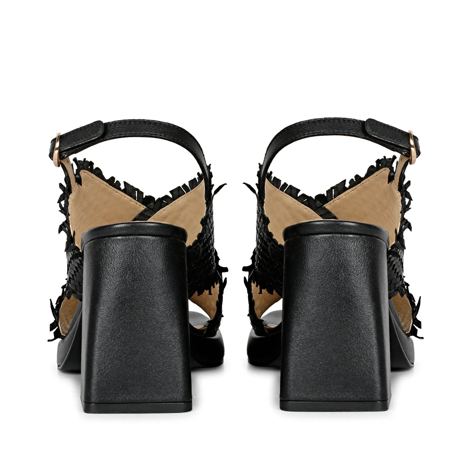 Saint Shelby Black Cross-Over Woven Leather Block Heels.