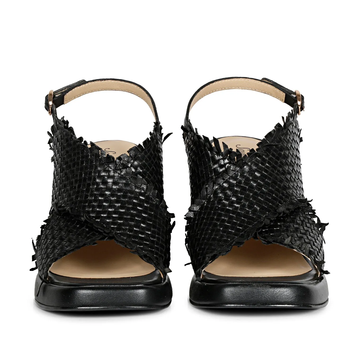 Saint Shelby Black Cross-Over Woven Leather Block Heels.