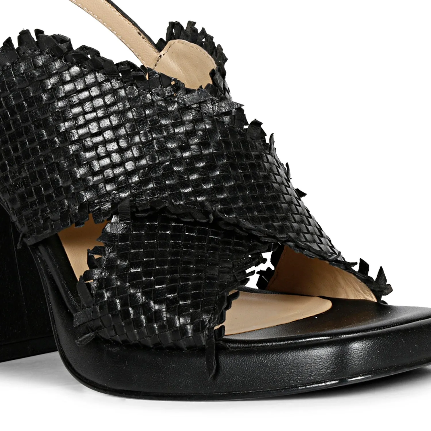 Saint Shelby Black Cross-Over Woven Leather Block Heels.