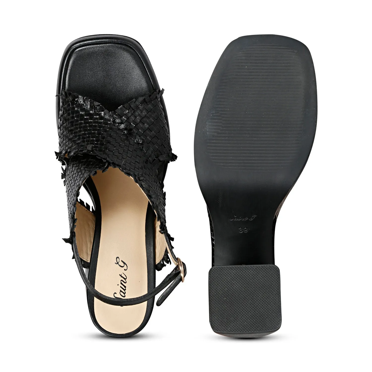 Saint Shelby Black Cross-Over Woven Leather Block Heels.