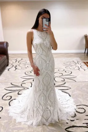 Sheath Lace Wedding Dress open Back Bridal Dress With Court Train TN298