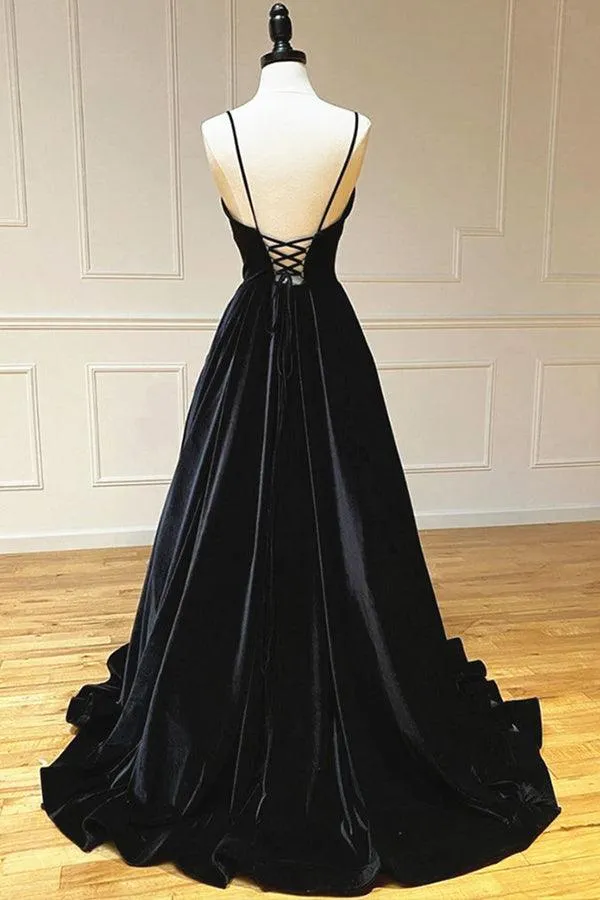 Simple Black Velvet Long Prom Dress, Black Evening Dress TP1096