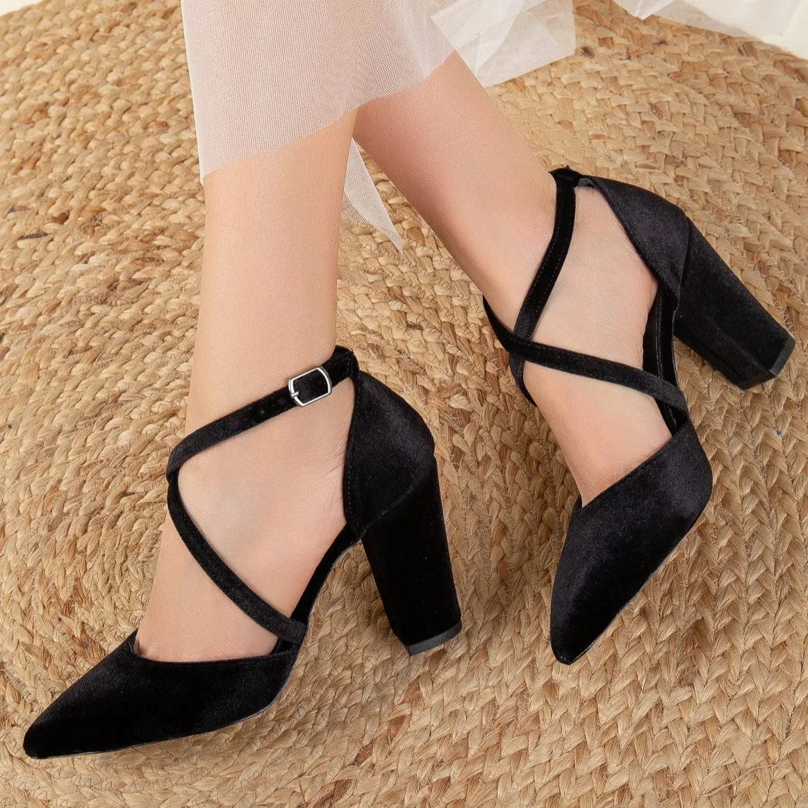 Sina - Black Velvet Criss Cross Heels