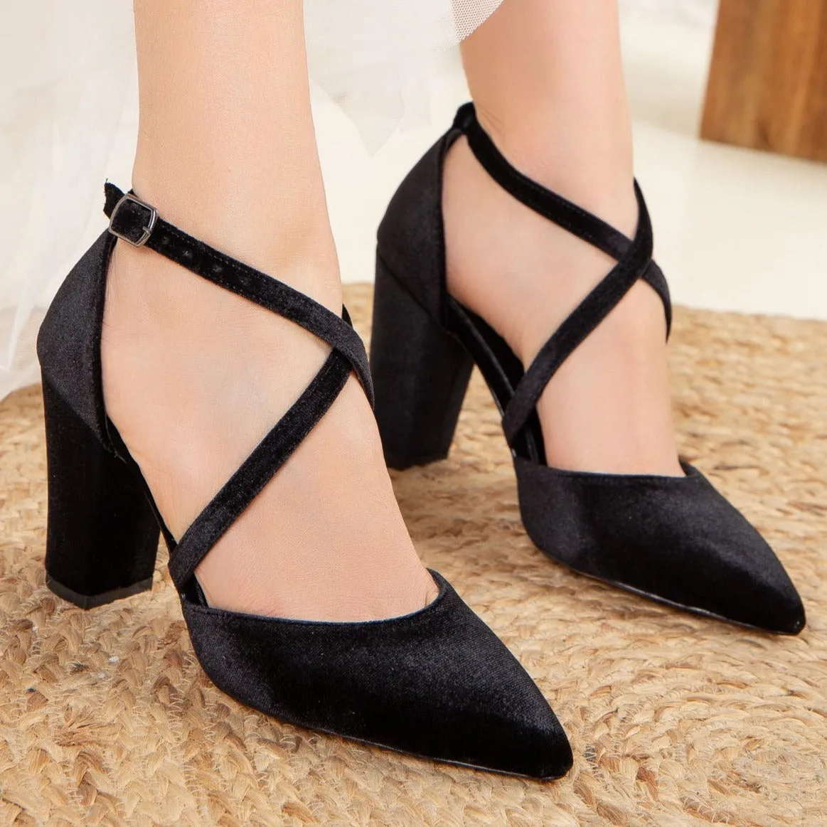 Sina - Black Velvet Criss Cross Heels