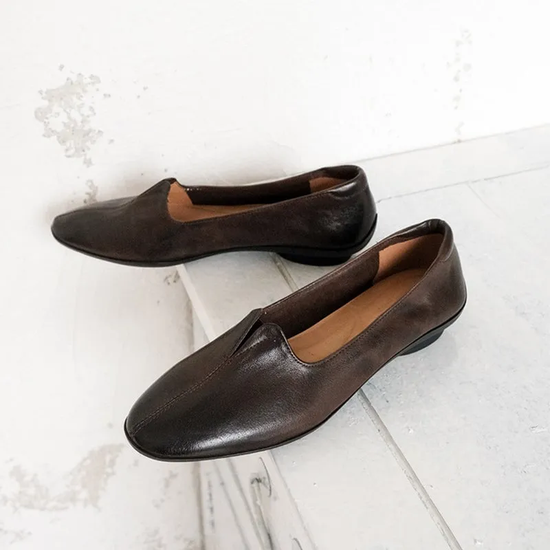 Soft Washed Horsehide Leather Flats – Slip-On Round Toe Loafers Black/Brown