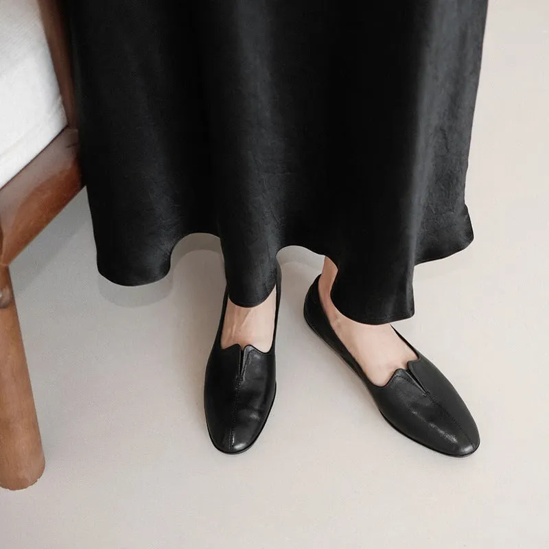 Soft Washed Horsehide Leather Flats – Slip-On Round Toe Loafers Black/Brown