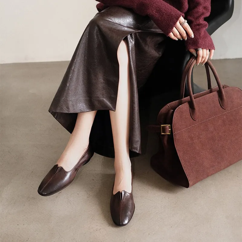 Soft Washed Horsehide Leather Flats – Slip-On Round Toe Loafers Black/Brown
