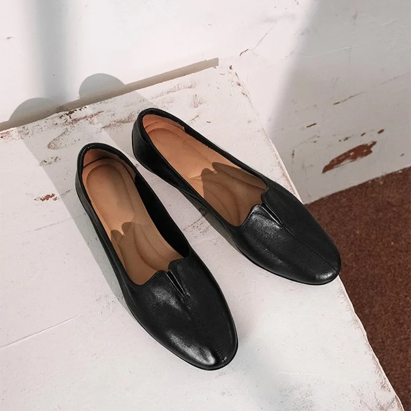 Soft Washed Horsehide Leather Flats – Slip-On Round Toe Loafers Black/Brown