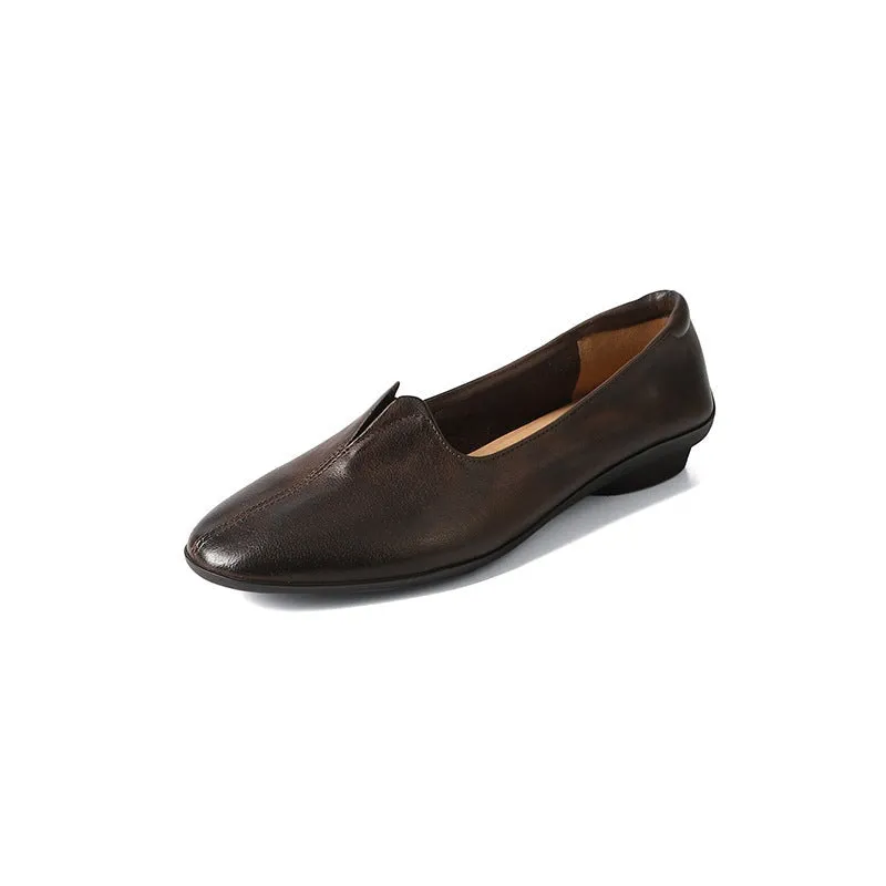 Soft Washed Horsehide Leather Flats – Slip-On Round Toe Loafers Black/Brown