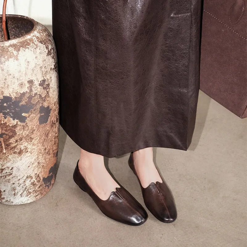 Soft Washed Horsehide Leather Flats – Slip-On Round Toe Loafers Black/Brown