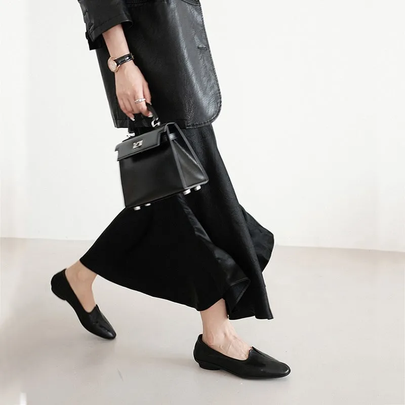 Soft Washed Horsehide Leather Flats – Slip-On Round Toe Loafers Black/Brown