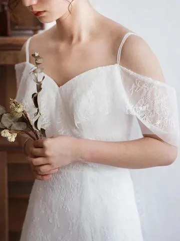 Spaghetti Straps Lace A Line Boho Beach Wedding Dress Simple Bridal Gown TN118