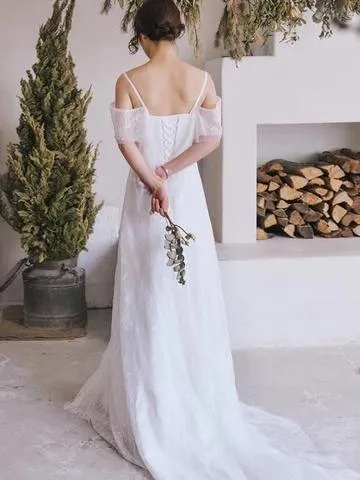 Spaghetti Straps Lace A Line Boho Beach Wedding Dress Simple Bridal Gown TN118