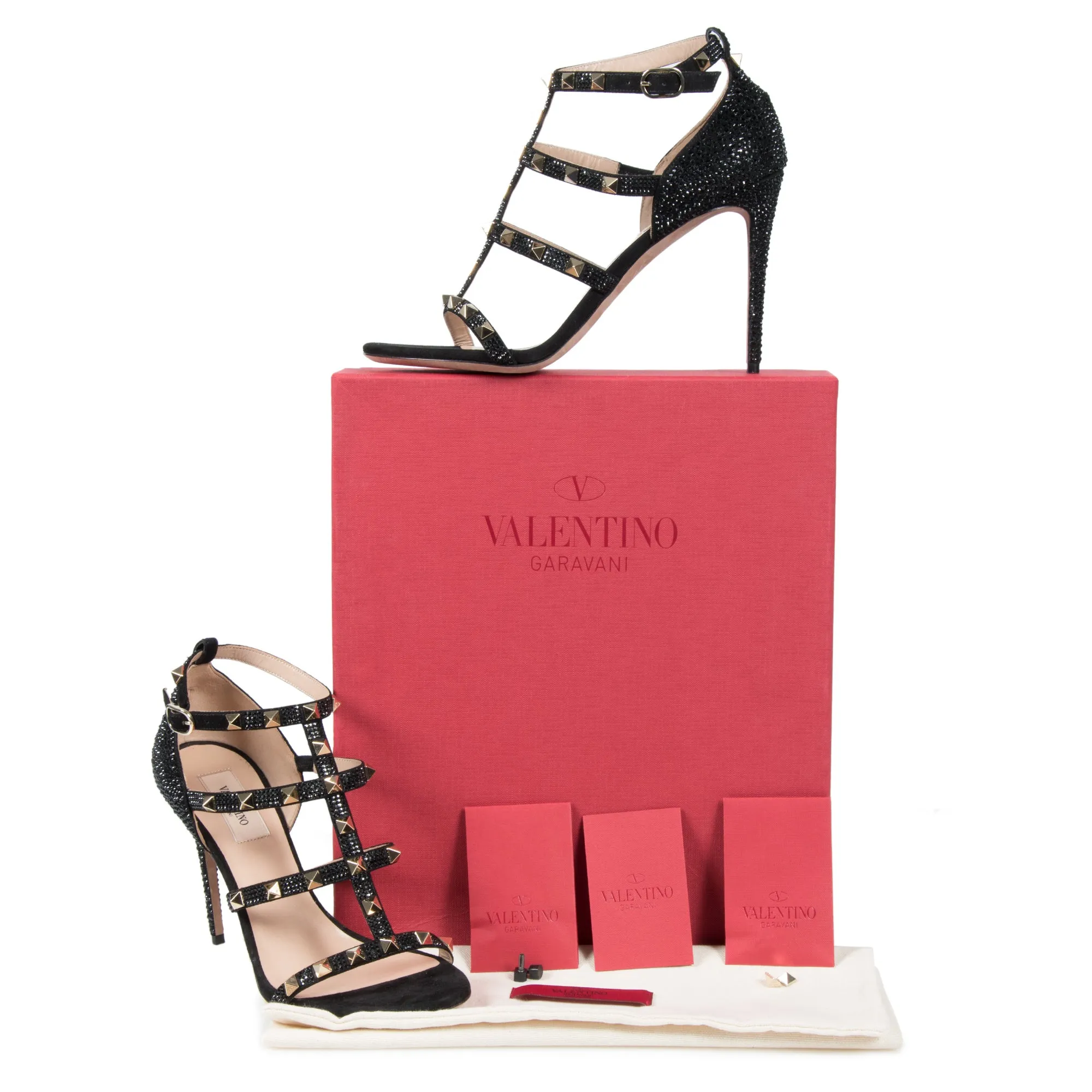 Valentino Jet Black Rockstud Sandals with Crystals