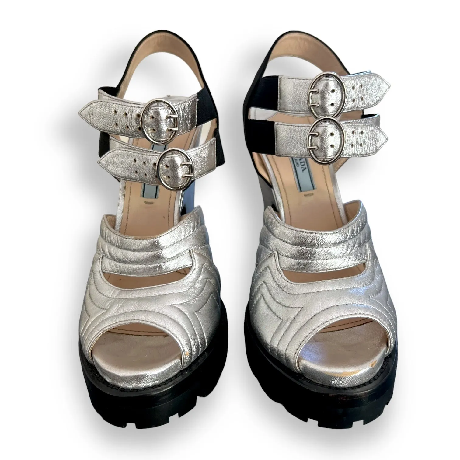 Vintage Silver Prada Heels with Track Sole