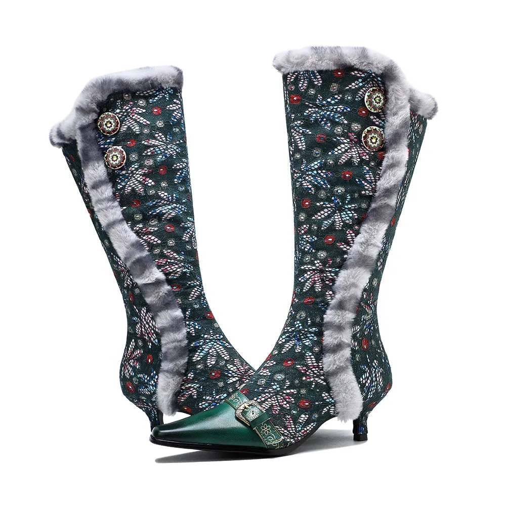 Zalor Vintage Faux Fur Collar Knee High Boots