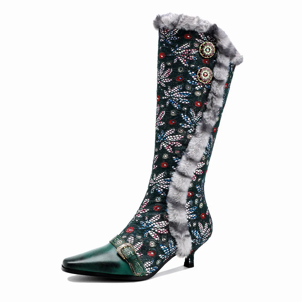 Zalor Vintage Faux Fur Collar Knee High Boots