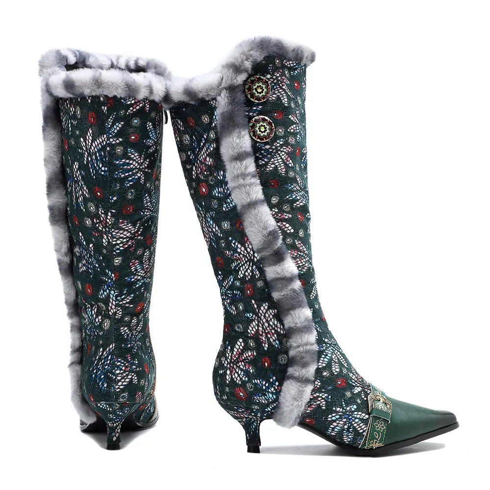 Zalor Vintage Faux Fur Collar Knee High Boots