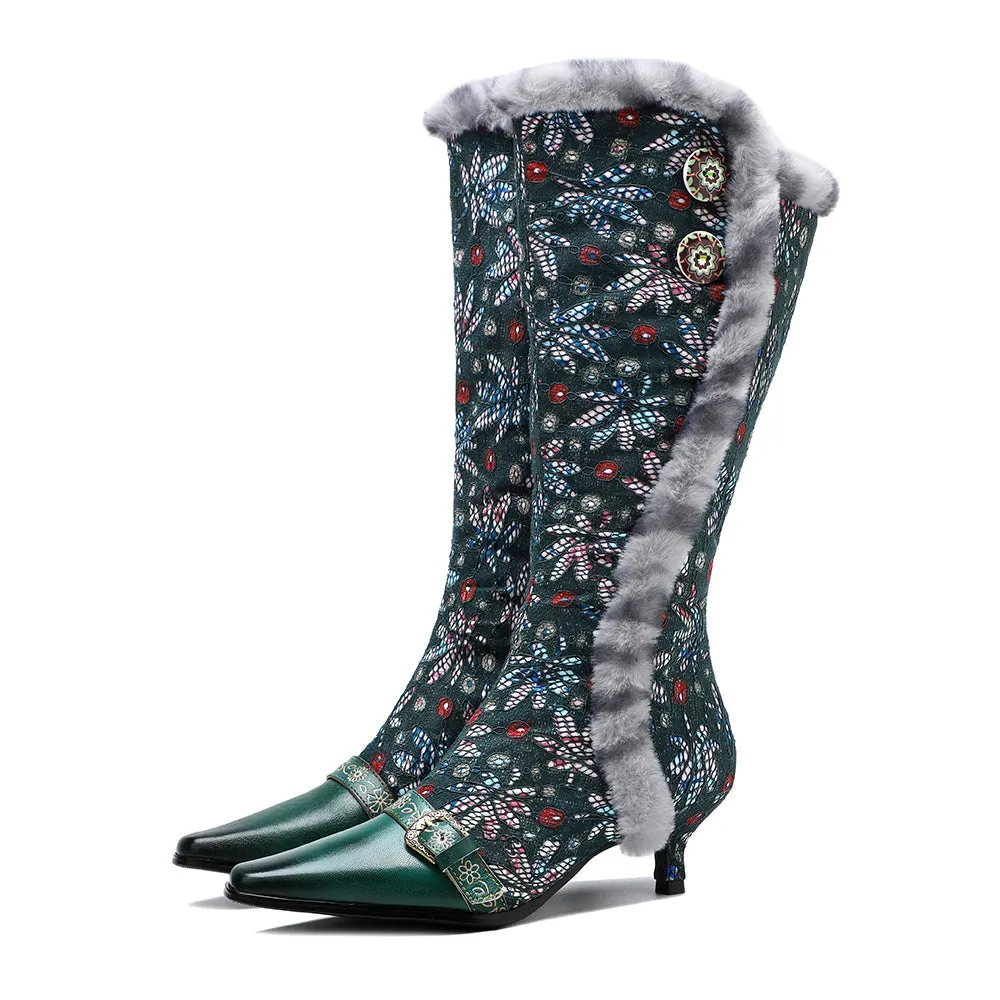Zalor Vintage Faux Fur Collar Knee High Boots