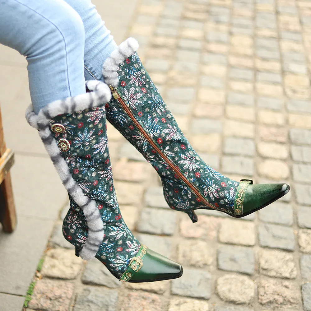 Zalor Vintage Faux Fur Collar Knee High Boots