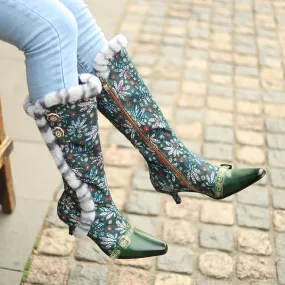 Zalor Vintage Faux Fur Collar Knee High Boots
