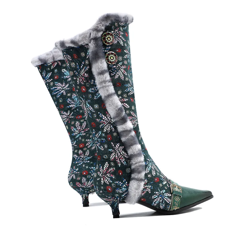 Zalor Vintage Faux Fur Collar Knee High Boots