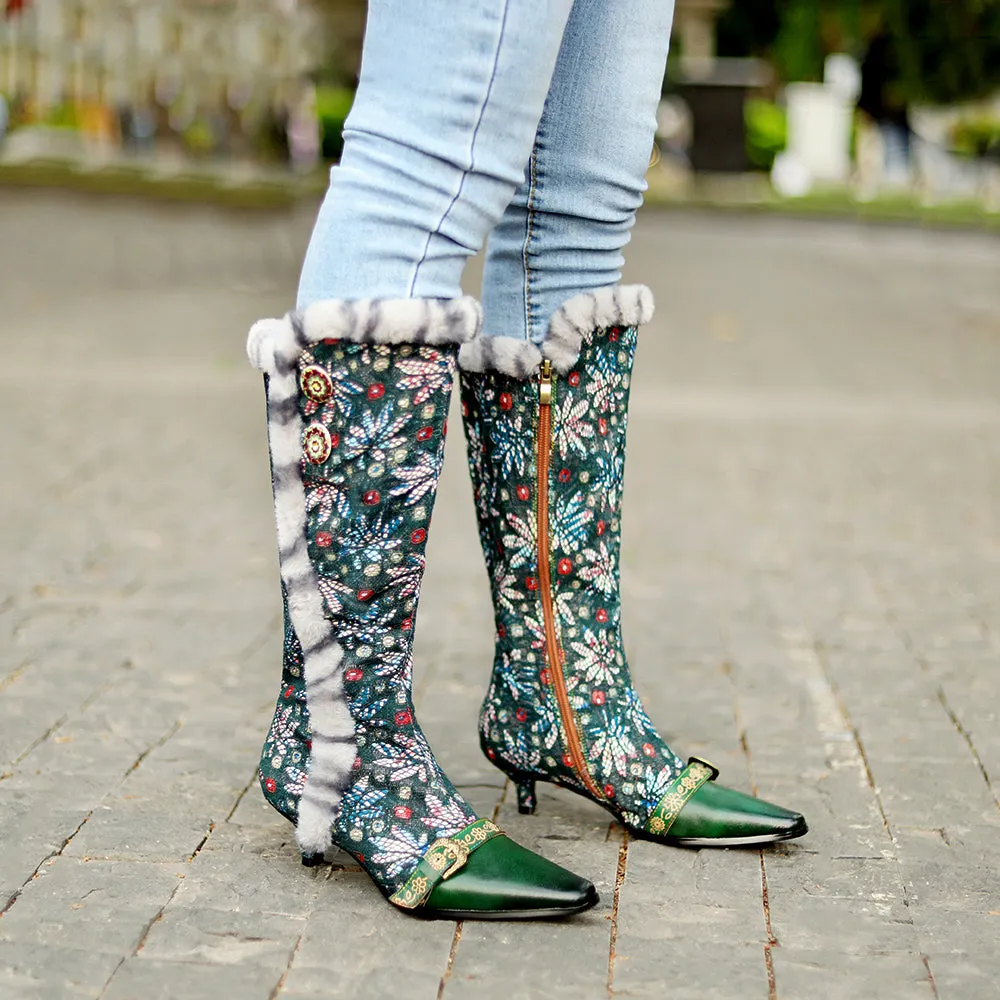 Zalor Vintage Faux Fur Collar Knee High Boots