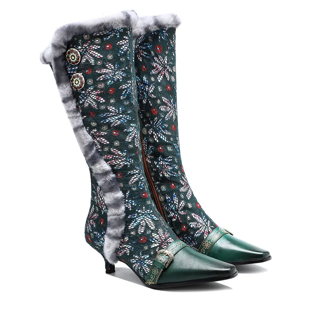 Zalor Vintage Faux Fur Collar Knee High Boots