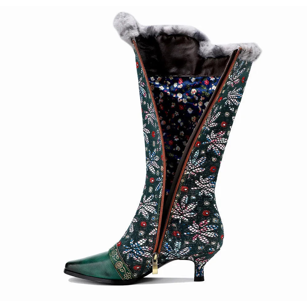 Zalor Vintage Faux Fur Collar Knee High Boots