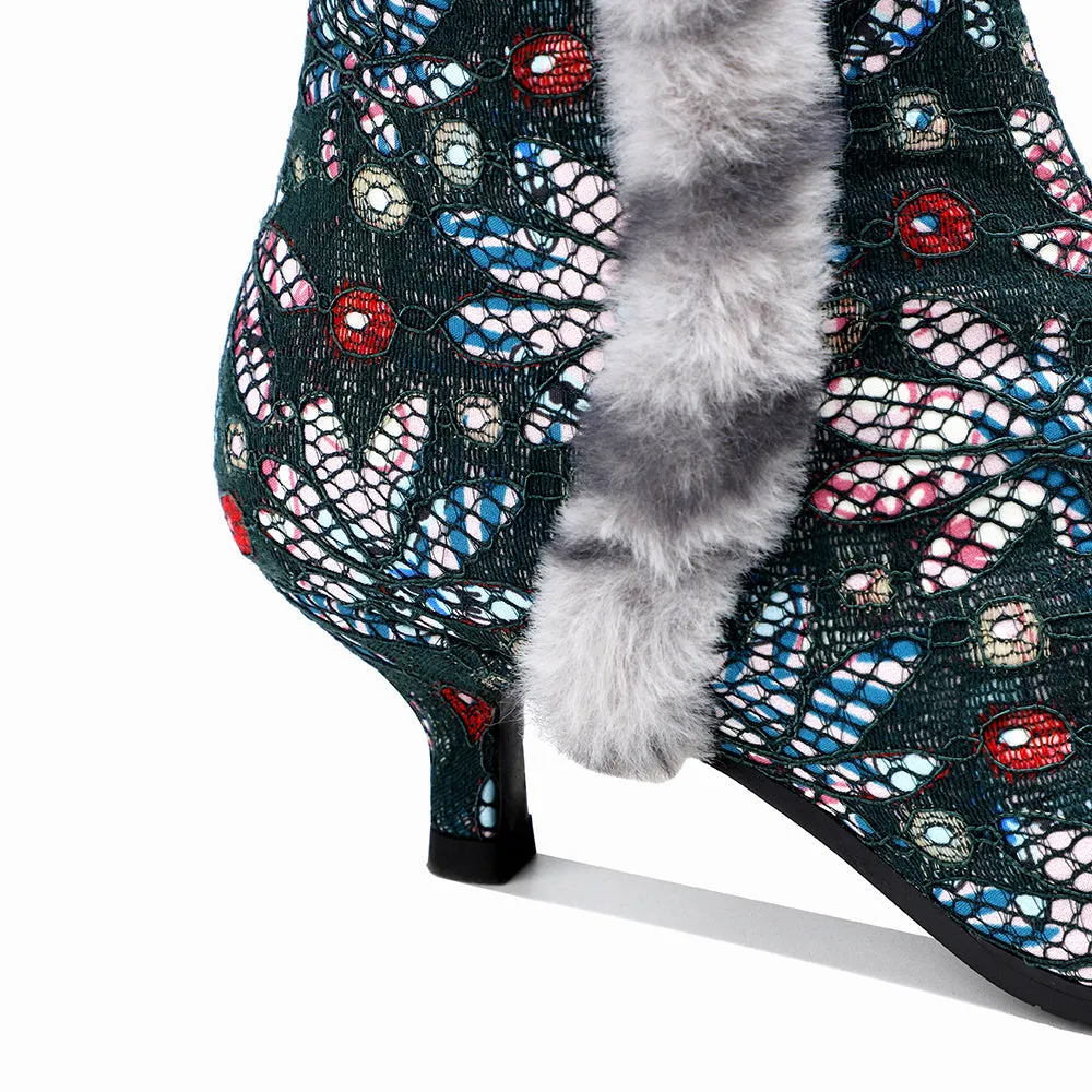 Zalor Vintage Faux Fur Collar Knee High Boots